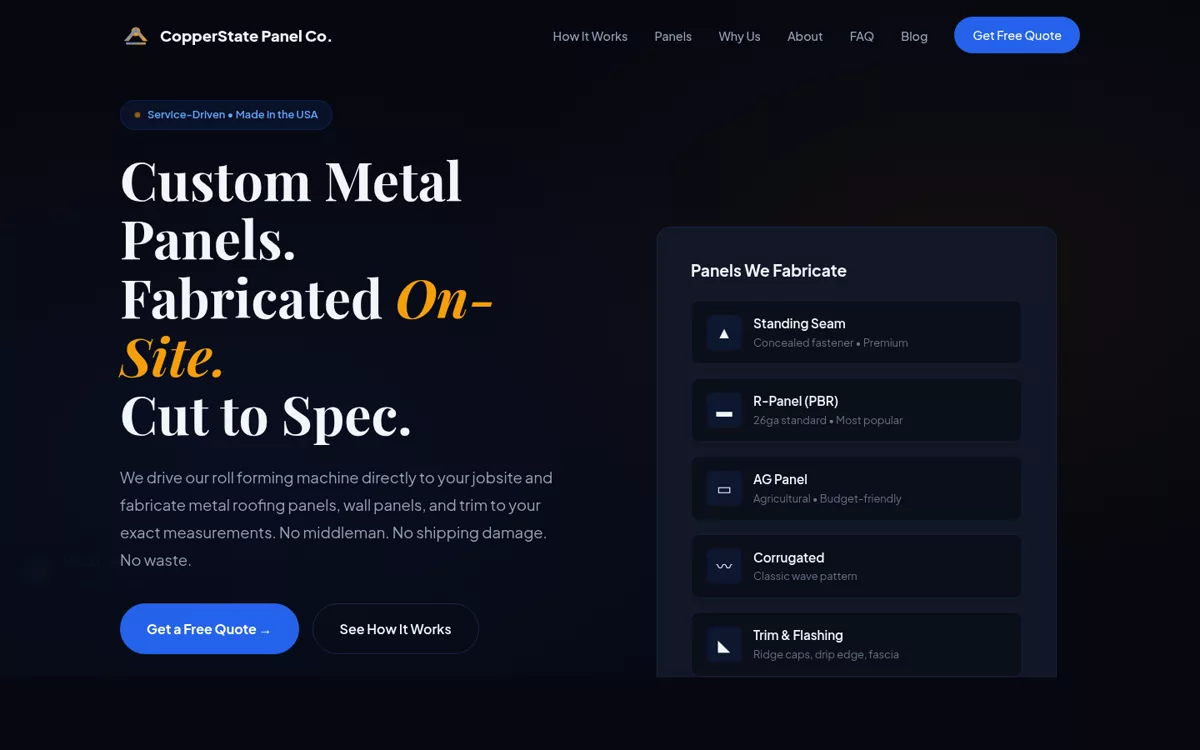 CopperState Panel Co. — live product screenshot